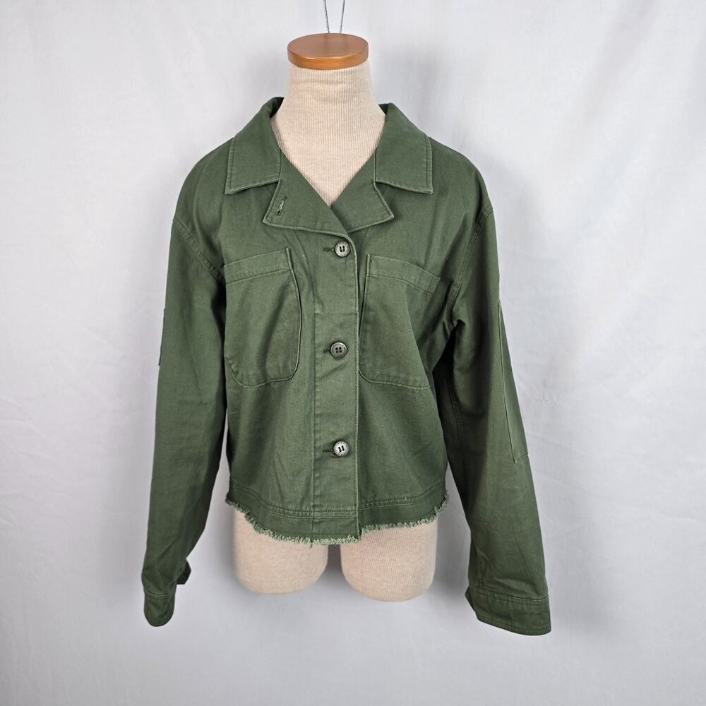 Sanctuary Military Crop Denim Jacket Women's L Green Button Up